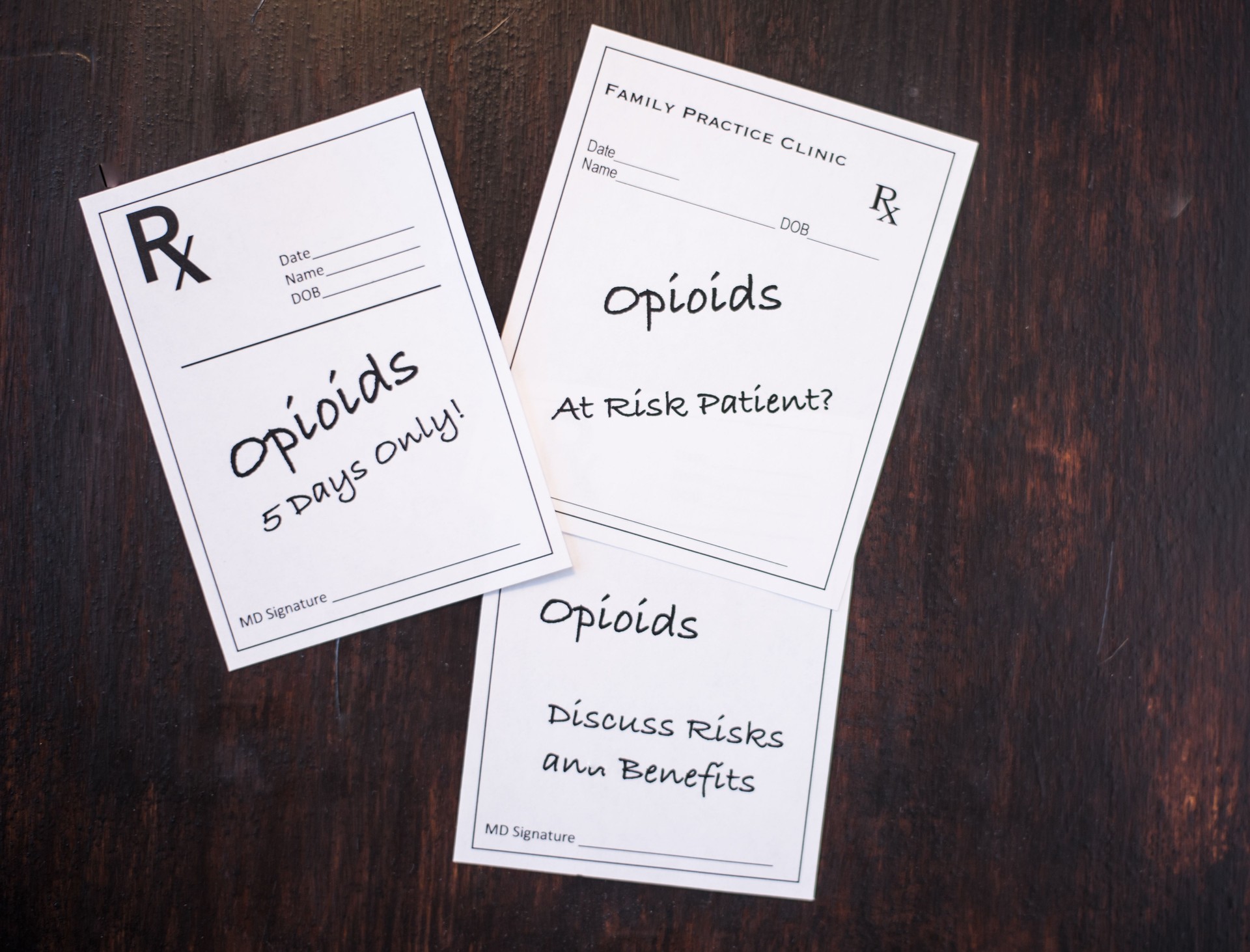 Opioid prescriptions with warnings to discuss risks, benefits, at risk patient and short term dose